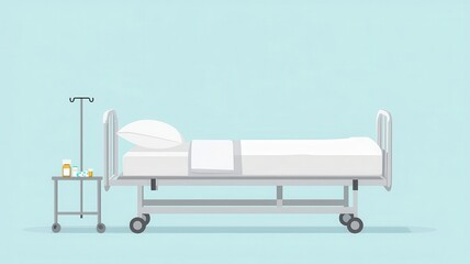 Hospital bed, with medicine on side table, flat design illustration