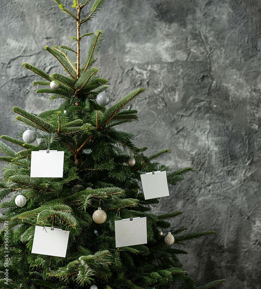 Poster Mockup Christmas tree with white cards hanging from it. The cards are blank and the tree is decorated with eggs and other ornaments