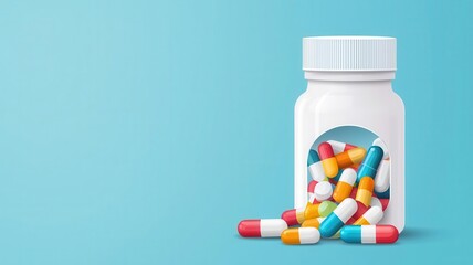 Medicine bottle, colorful capsules spilling out, flat design illustration