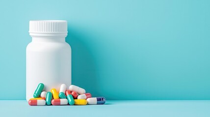 Medicine bottle, colorful capsules spilling out, flat design illustration