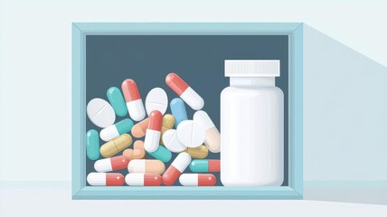 Medicine cabinet, full of various pills and capsules, flat design illustration
