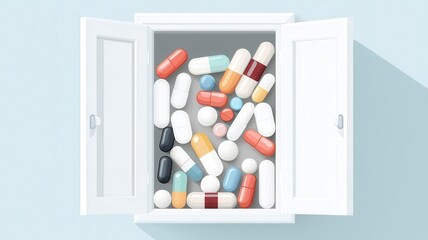 Medicine cabinet, full of various pills and capsules, flat design illustration