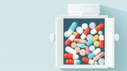 Medicine cabinet, full of various pills and capsules, flat design illustration