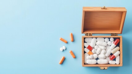 Medicine chest, open with capsules and tablets visible, flat design illustration