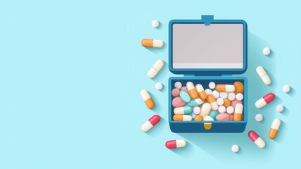 Medicine chest, open with capsules and tablets visible, flat design illustration
