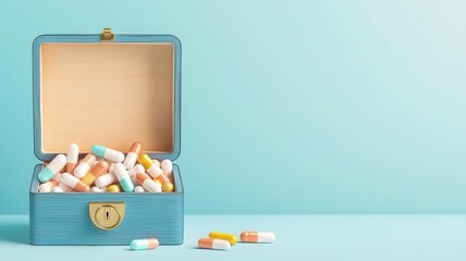 Medicine chest, open with capsules and tablets visible, flat design illustration