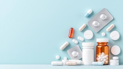 Overthecounter medicine, various pills in packaging, flat design illustration