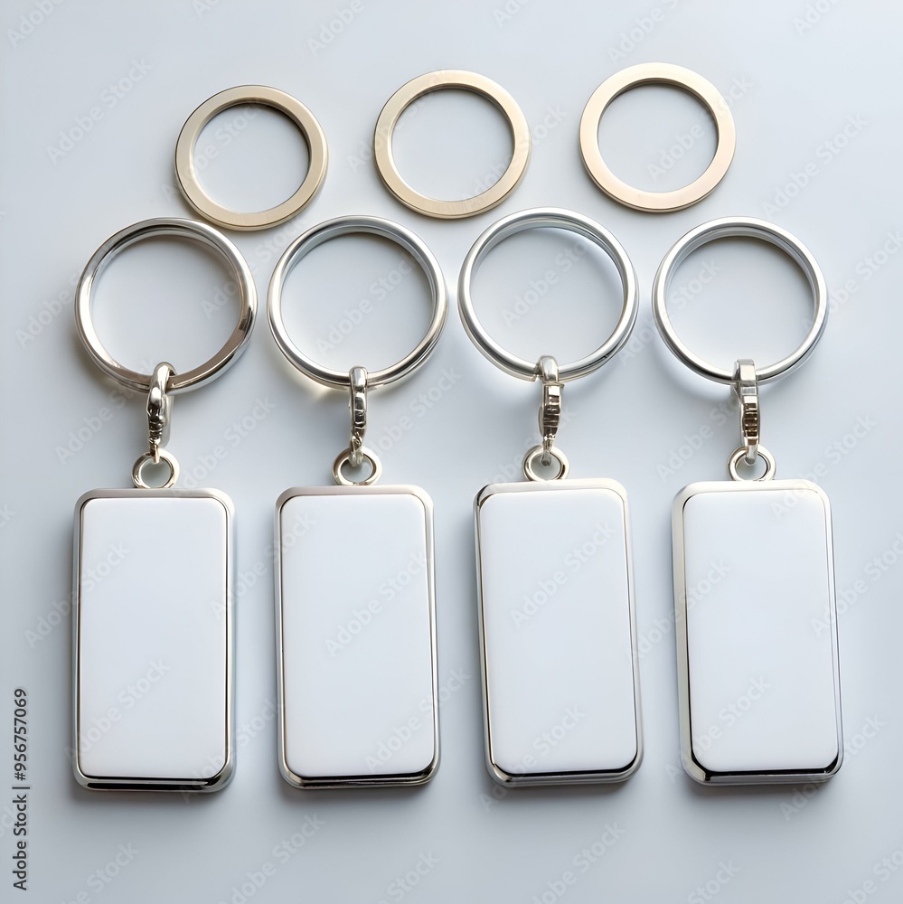Poster three blank keychains with metal rings and rectangular plates. perfect for adding your own design or