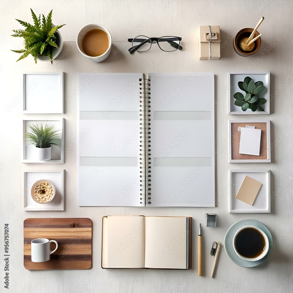 Poster A minimalist flat lay showcasing a workspace with a spiral notebook. open book. coffee mugs. and stationery. perfect for adding your own text or images.