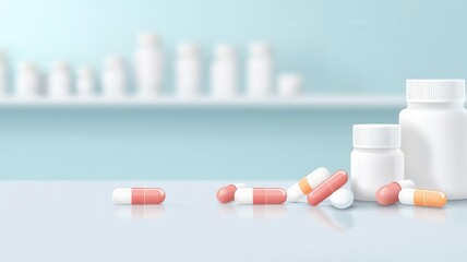 Pharmacy counter, with pills and capsules on display, flat design illustration