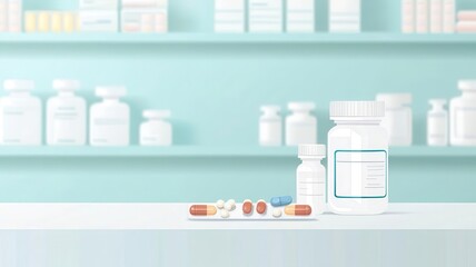 Pharmacy counter, with pills and capsules on display, flat design illustration