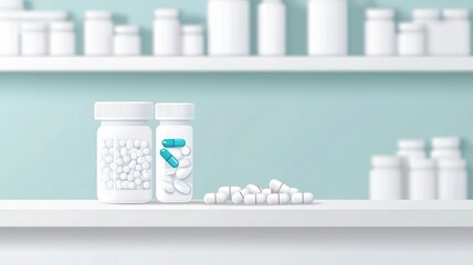 Pharmacy counter, with pills and capsules on display, flat design illustration