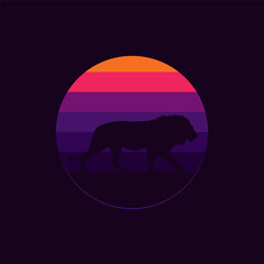 Silhouette of a lion against a striped retro sunset. Original vector illustration in vintage style isolated on black background. T-shirt design.