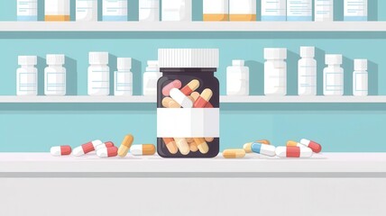Pharmacy counter, with pills and capsules on display, flat design illustration