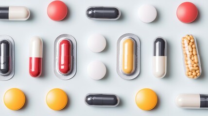 Pill blister pack, various capsules arranged neatly, flat design illustration