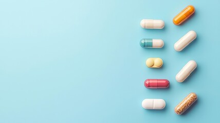 Pill blister pack, various capsules arranged neatly, flat design illustration