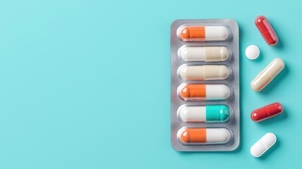 Pill blister pack, various capsules arranged neatly, flat design illustration
