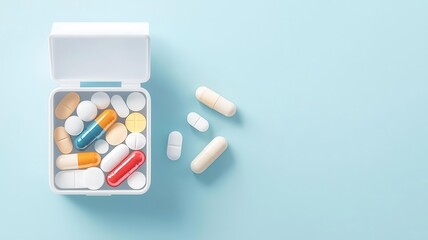 Pill box, organized with different colored capsules, flat design illustration