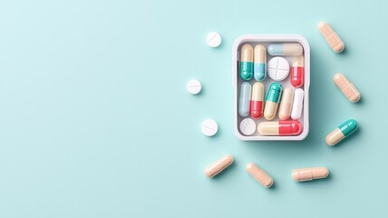 Pill box, organized with different colored capsules, flat design illustration