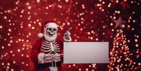 Santa Claus with skeleton details celebrates a festive season beside a bright Christmas tree