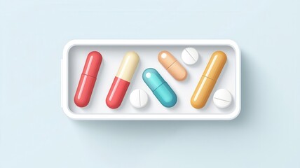 Pill box, organized with different colored capsules, flat design illustration