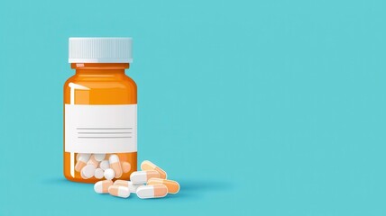 Prescription bottle, label with capsules pouring out, flat design illustration