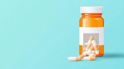Prescription bottle, label with capsules pouring out, flat design illustration