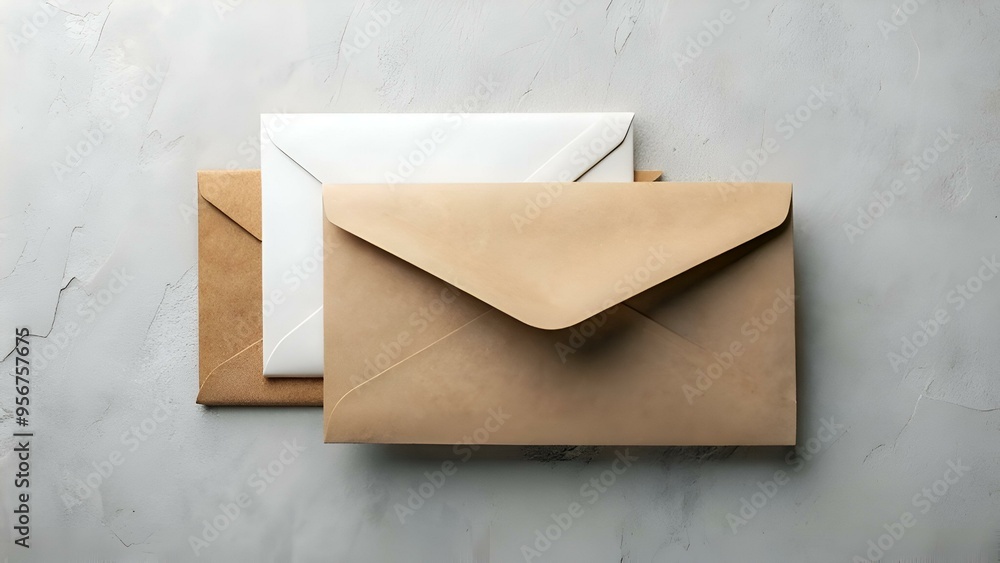 Aufkleber a top down view of three envelopes on a textured gray surface.