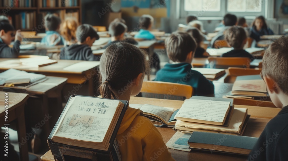Aufkleber Students sit in a crowded classroom surrounded by old textbooks, striving to learn despite a lack of modern supplies. Generative AI