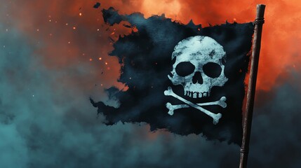 Pirate flag, tattered and waving in the wind, eerie atmosphere, Watercolor style