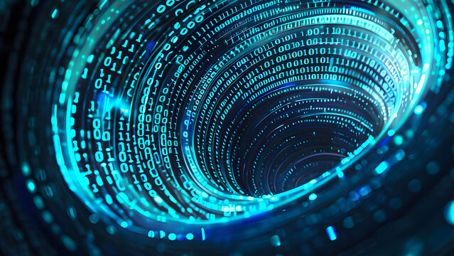 Abstract digital vortex made of glowing binary code against a dark background, representing data flow and technology concepts