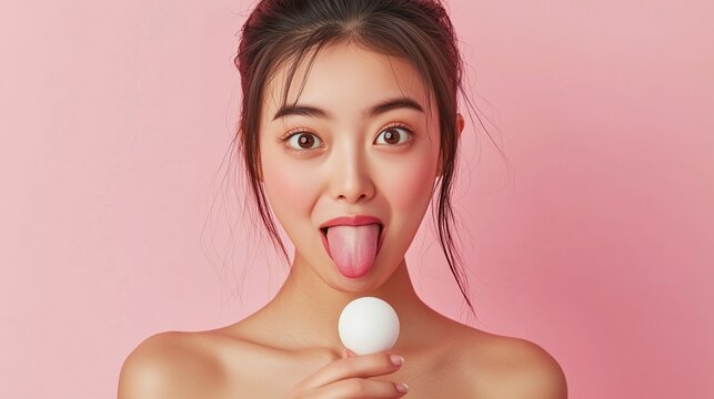 Young woman playfully sticking out her tongue while holding a lollipop against a pastel pink background
