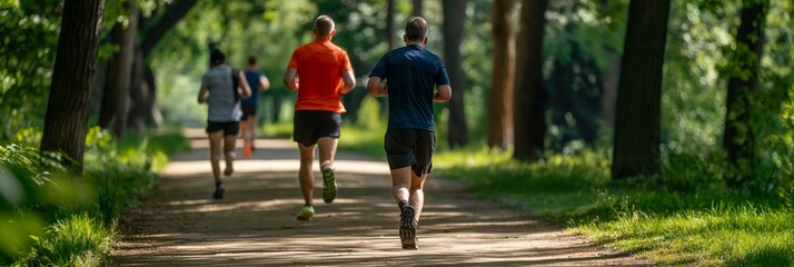 A group of people are seen jogging on a scenic forest trail, surrounded by lush greenery and trees, capturing the essence of a healthy outdoor lifestyle.
