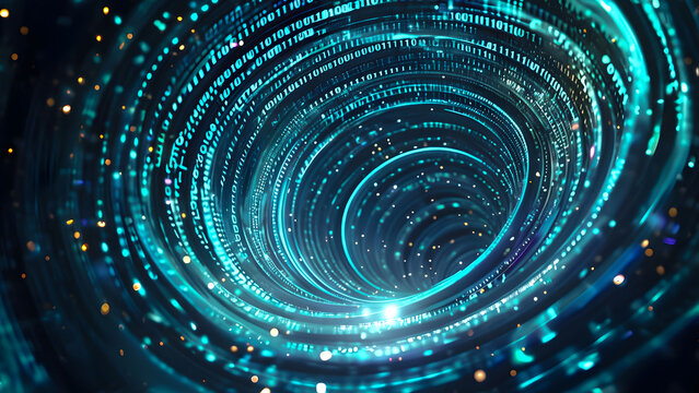 Abstract digital vortex made of glowing binary code against a dark background, representing data flow and technology concepts