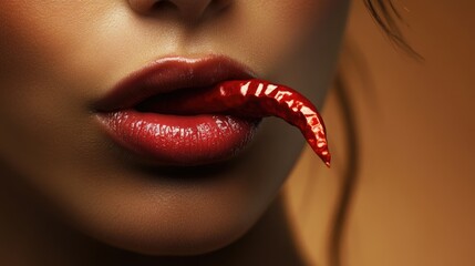 Obraz premium Red chili in a woman's mouth, set against a brown backdrop. Highlights the spicy and intense nature of bold cooking ingredients.