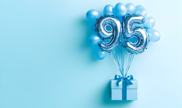Happy birthday 95th with blue foil balloons and gift box on color background