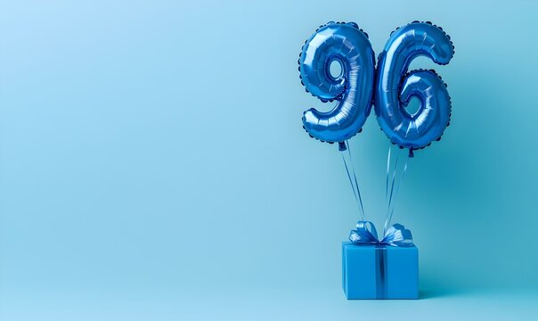 Happy birthday 96th with blue foil balloons and gift box on color background
