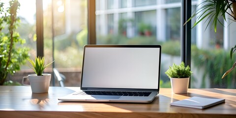 Fototapeta premium A modern laptop with a blank screen sits on a wooden desk near a window. bathed in warm sunlight.