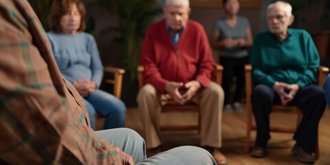 Fototapeta premium A group of elderly individuals sit in a circle with their hands clasped, engaging in a shared activity or discussion within an indoor setting.