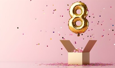 Happy birthday 8th with golden balloons and gift box on a pink background