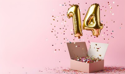 Happy birthday 14th with golden balloons and gift box on a pink background