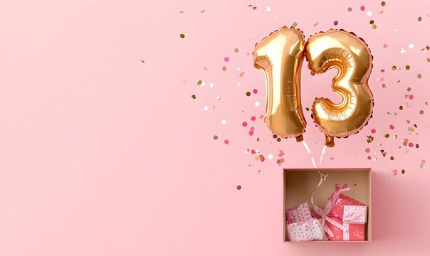 Happy birthday 13th with golden balloons and gift box on a pink background