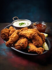 Delicious crispy fried Chicken drumsticks, wings surrounded by dipping sauces, lemon wedges, and fresh parsley