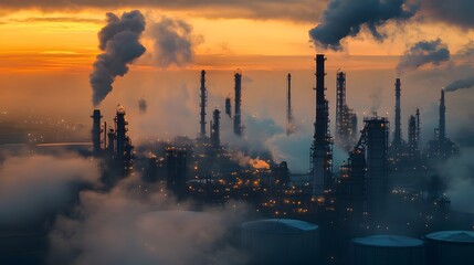 A city skyline with a large industrial plant in the background. The sky is orange and the sun is setting