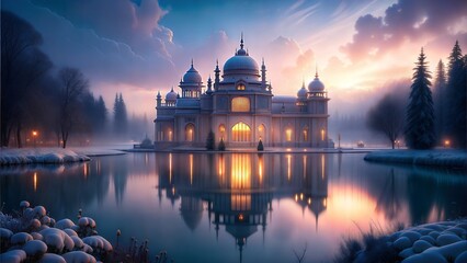 Obraz premium Majestic palace by a lake at sunset, winter reflection, serene landscape