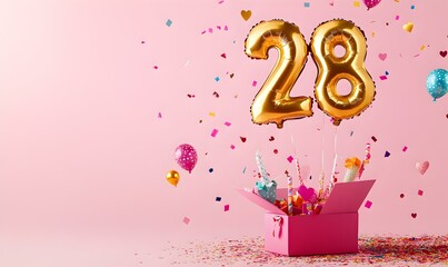 Happy birthday 28th with golden balloons and gift box on a pink background
