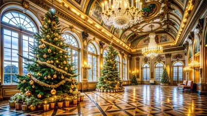 Fototapeta premium Ornate ballroom with Christmas trees and chandeliers, elegant holiday decor
