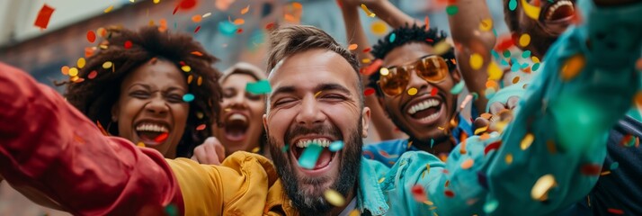 Obraz premium A cheerful group of friends is captured mid-celebration with colorful confetti flying around, illustrating jubilant and carefree moments shared together.
