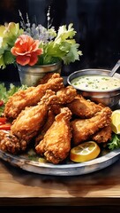 Fototapeta premium Delicious crispy fried Chicken drumsticks, wings surrounded by dipping sauces, lemon wedges, and fresh parsley