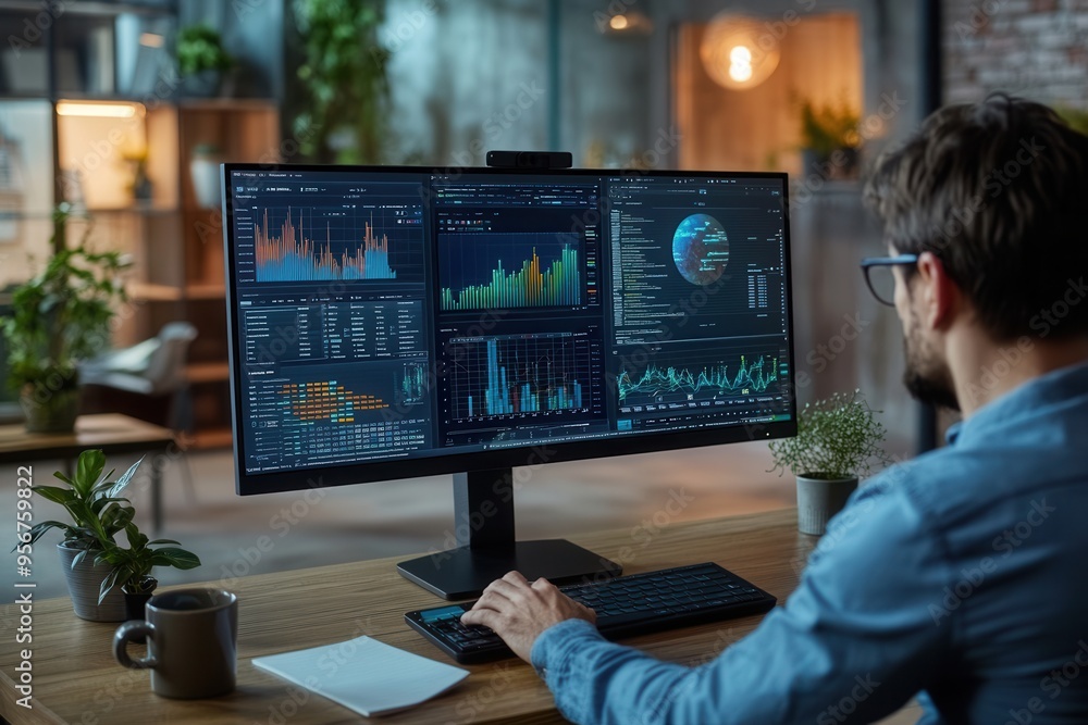 Aufkleber A focused expert analyzes complex data on a large monitor while surrounded by a tidy workspace, complete with a coffee mug and notepad. Generative AI